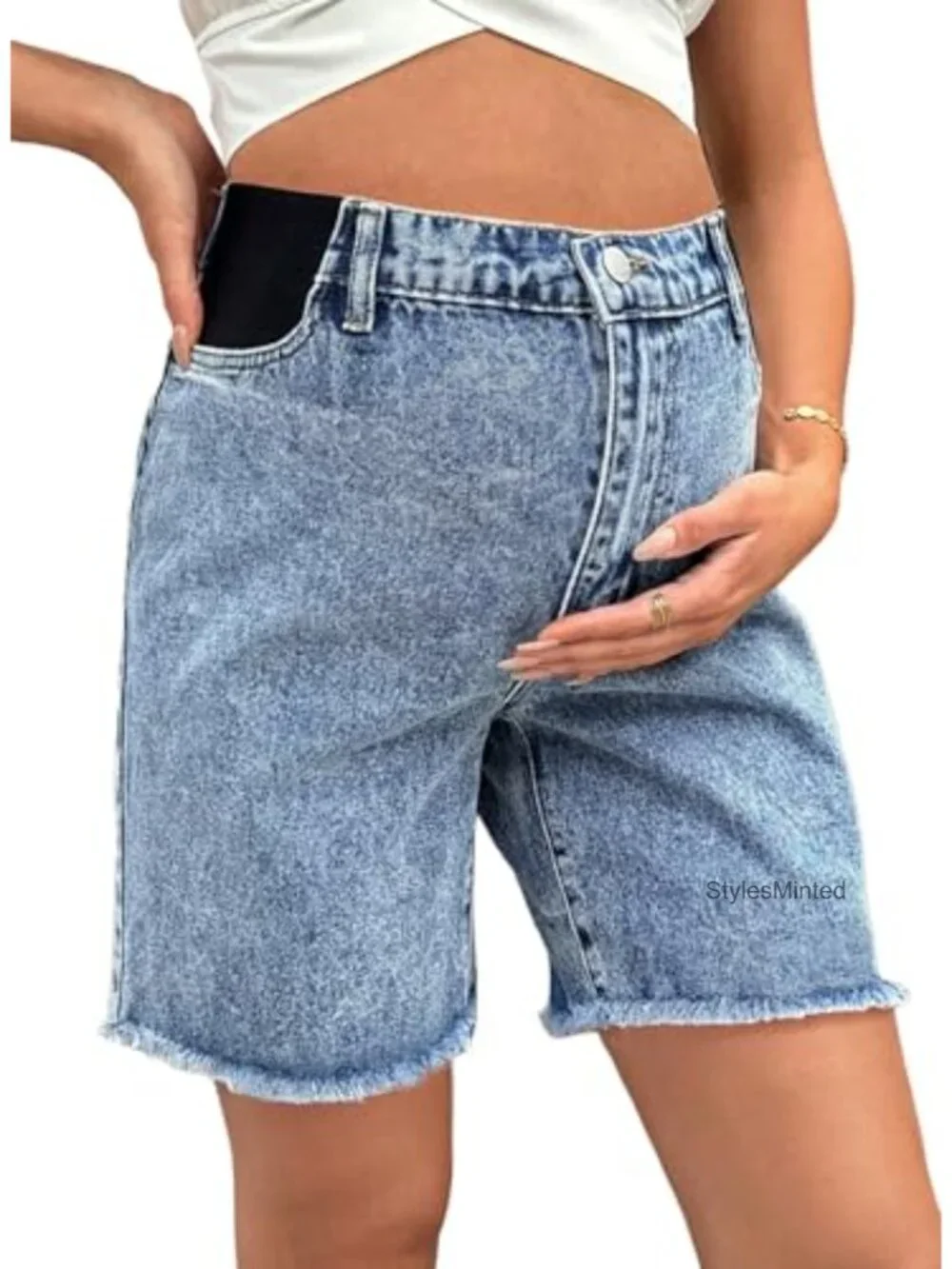 Maternity Denim Bermuda Shorts with Adjustable Elastic Waistband Raw Hem for